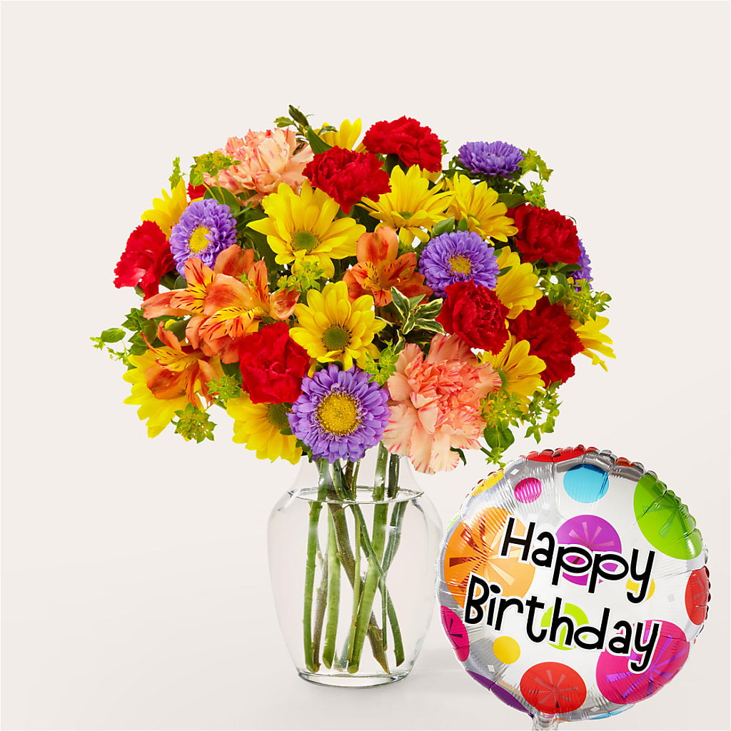 Kaleidoscope Bouquet with Birthday Balloon –  Sugardoll Florist, New York NY