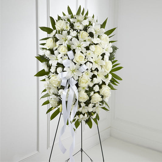 Exquisite Tribute Standing Spray-White Ribbon –  Sugardoll Florist, New York NY