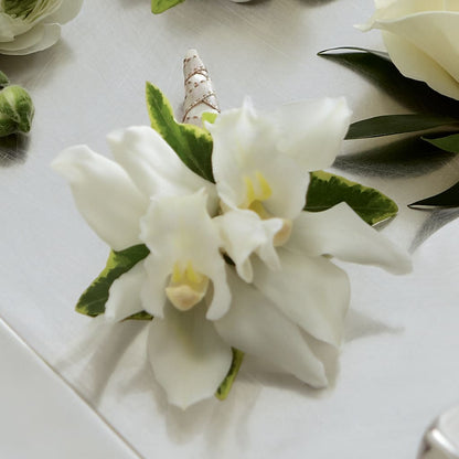 White Mini Cymbidium Boutonniere –  Sugardoll Florist, New York NY